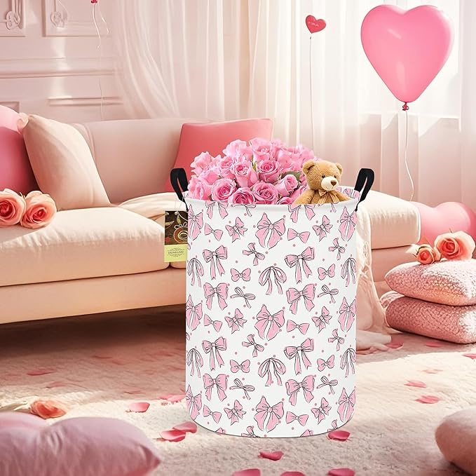 HUNRUNG Laundry Hamper,Large Canvas Fabric Lightweight Storage Basket Toy Organizer Dirty Clothes Collapsible Waterproof for College Dormsï¼Round-Pink Bowï¼