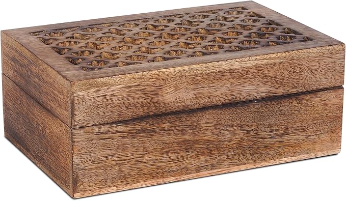 Mela Artisans Large Wooden Keepsake Box | Medium Burnt Memory & Decorative Storage Box for Jewelry, Photos & Trinkets with Hinged Lid | Vintage Storage Box |Trellis Design | 9 x 6 x 3.5
