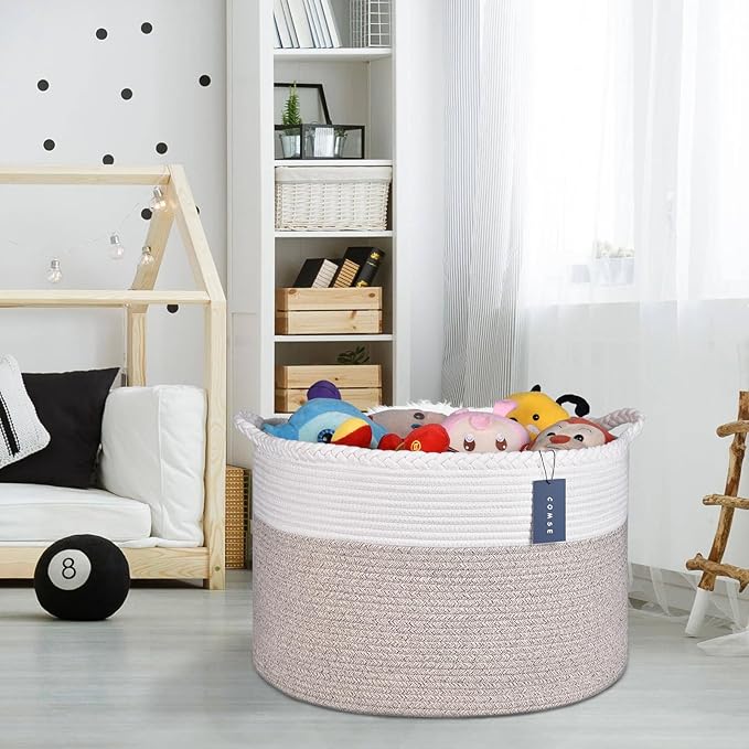 COMSE Extra Large Blanket Basket, Woven Laundry Basket, 21.7âx 13.8â, Nursery Hamper, Cotton Rope Laundry Hamper Living Room for Storage Toys Clothes Towels (White & Light Brown)