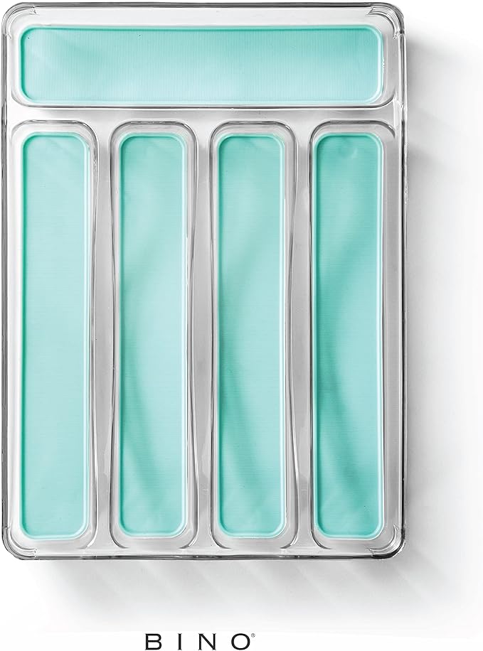 BINO 5-Slot Silverware Organizer for Drawer | Plastic Utensil Organizer for Kitchen Drawers | Silverware Tray for Drawer Organization | Utensil Kitchen Drawer Organizer w/Grip Lining (Aqua)