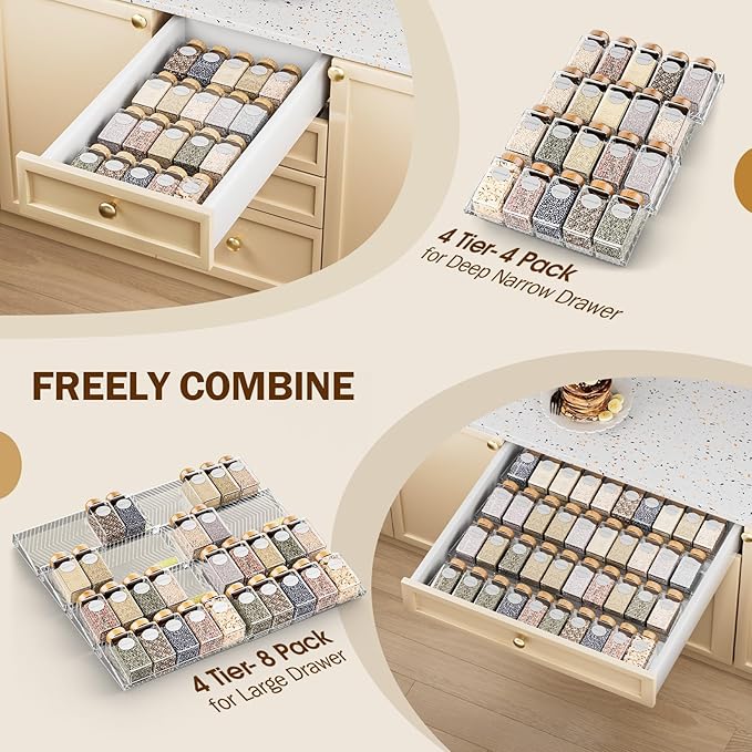 Spice Drawer Organizer, 8 Pack Clear Seasoning Organizer Rack, Expandable From 11" to 22" Wide Kitchen Spice Rack Organizers for Drawer, Countertop (Jars Not Included)