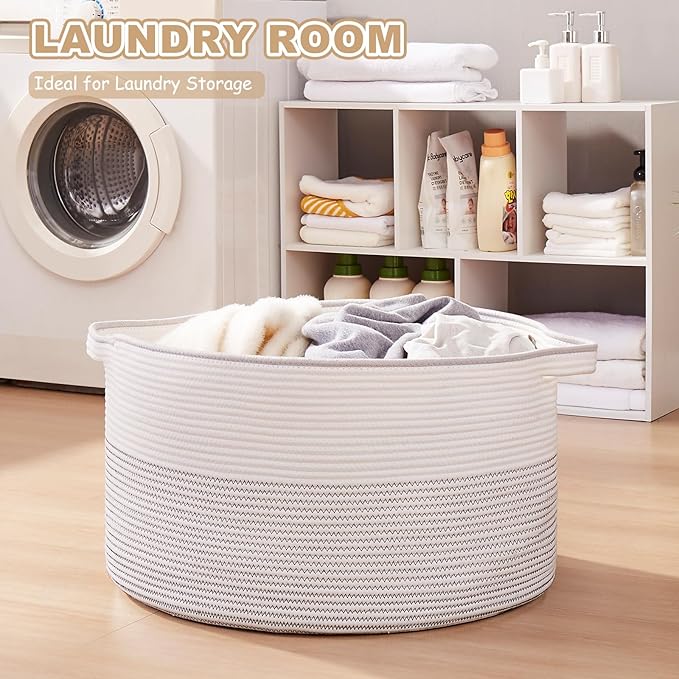 Large Blanket Basket with Handles, 22.8" x 22.8" x 13" Woven Storage Basket for Living Room, Cotton Rope Baby Toy Storage for Clothes, Pillows, Towels-Black and White