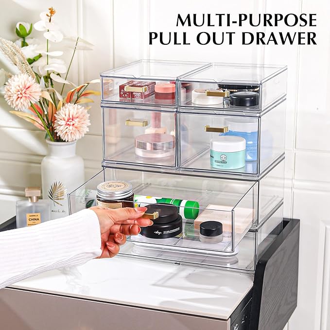 Stackable Storage Drawers, 6 Pack Clear Acrylic Organizer Bins with Golden Handles, Multi-Size Plastic Drawers for Makeup, Vanity, Kitchen, Bathroom, Office, Pantry Organization and Storage