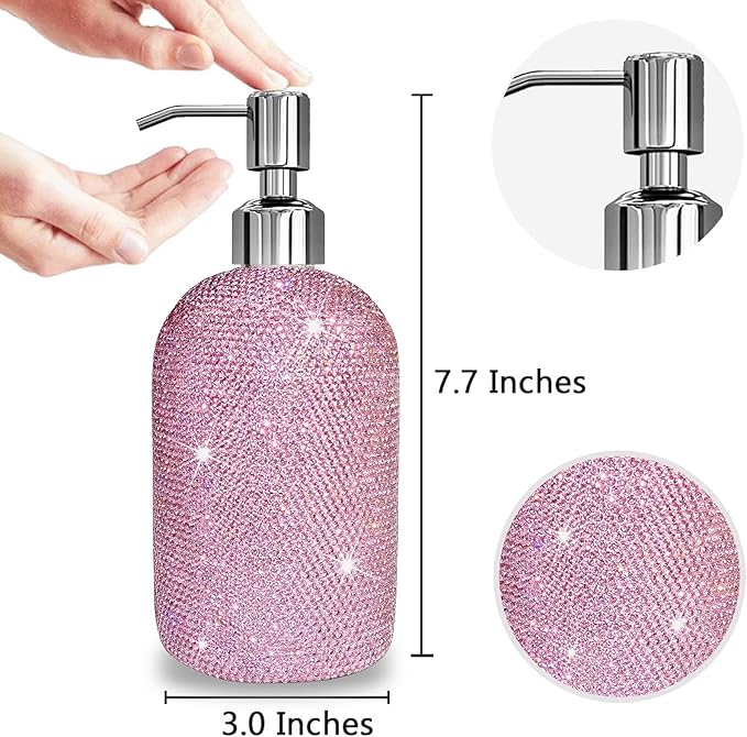 SlowVibes 18Oz Bling Pink Glass Soap Dispenser with Rust Proof Stainless Steel Pump,Refillable Liquid Hand Wash Bottle for Bathroom Kitchen,Sparkle Decorative Rhinestone Shower Lotion Dish Dispenser