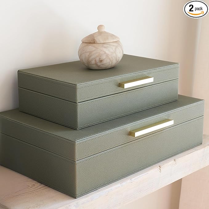 ZICOTO Decorative Storage Boxes with Lids – Set of 2 Beautiful PU Leather Organizer Bins for Your Bookshelf Home Decor - Safely Store Photos, Documents and Memory Box Keepsakes in Style