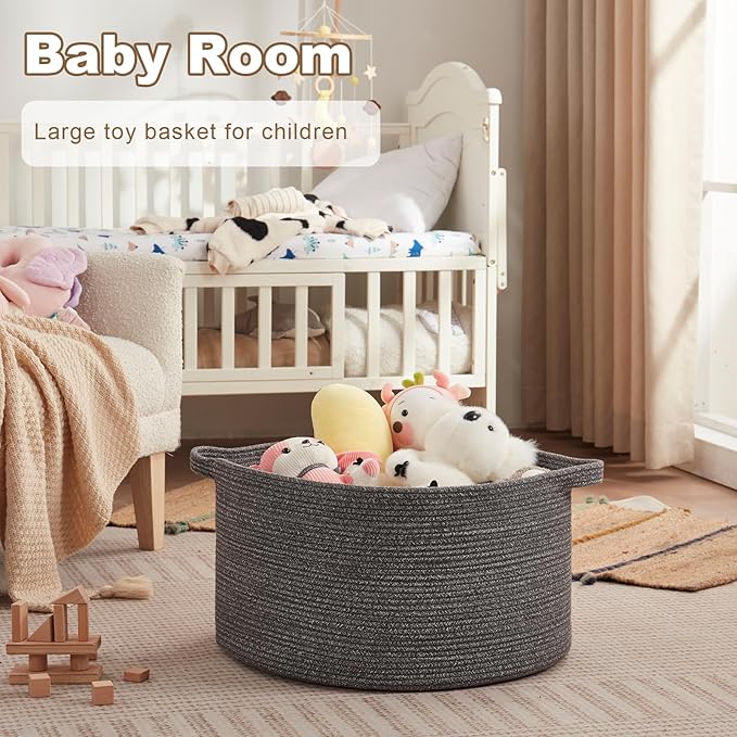 Large Woven Baskets for Storage, 22.8" x 22.8" x 13" Blanket Storage Living Room, Baby Toy Basket for Clothes, Pillows, Towels, Shoe Basket for Entryway (Dark Grey)