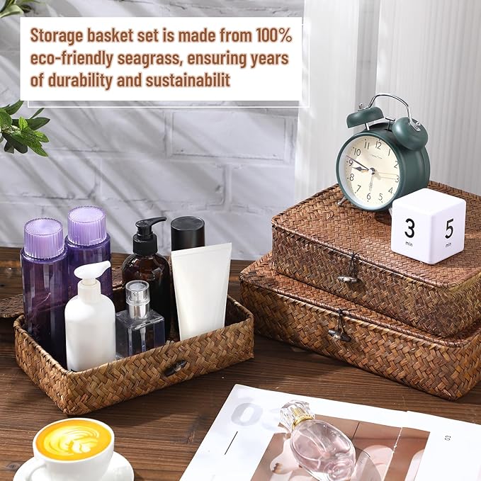 Set of 4 Seagrass Basket with Lid Wicker Storage Basket Decorative Storage Boxes with Lids Flat Storage Bins Woven Organizer Baskets for Shelf Closet Bedroom, 4 Sizes (Dark Brown)