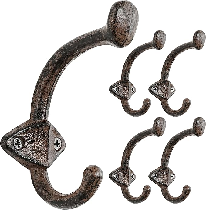 Dseap Cast Iron Wall Hooks L=5”, Heavy Duty Coat Hooks, Rustic Vintage Farmhouse Hook for Hanging Winter Coats Jackets Towels Hats Bags Plants, Antique Brown, Pack of 5 (ShieldBold)