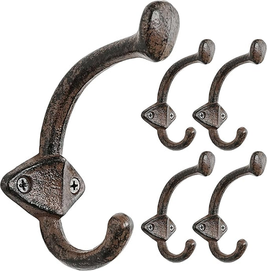 Dseap Cast Iron Wall Hooks L=5”, Heavy Duty Coat Hooks, Rustic Vintage Farmhouse Hook for Hanging Winter Coats Jackets Towels Hats Bags Plants, Antique Brown, Pack of 5 (ShieldBold)