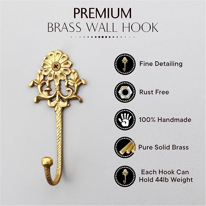 Indian Shelf 3-Packs Handmade Brass Heavy Duty Decorative Vintage Key Holder, Key Wall Hooks for Hanging Coats, Jackets, Leash, Hat, Towel, Backpack, Purse, Handbag for Hallway Décor (Golden)