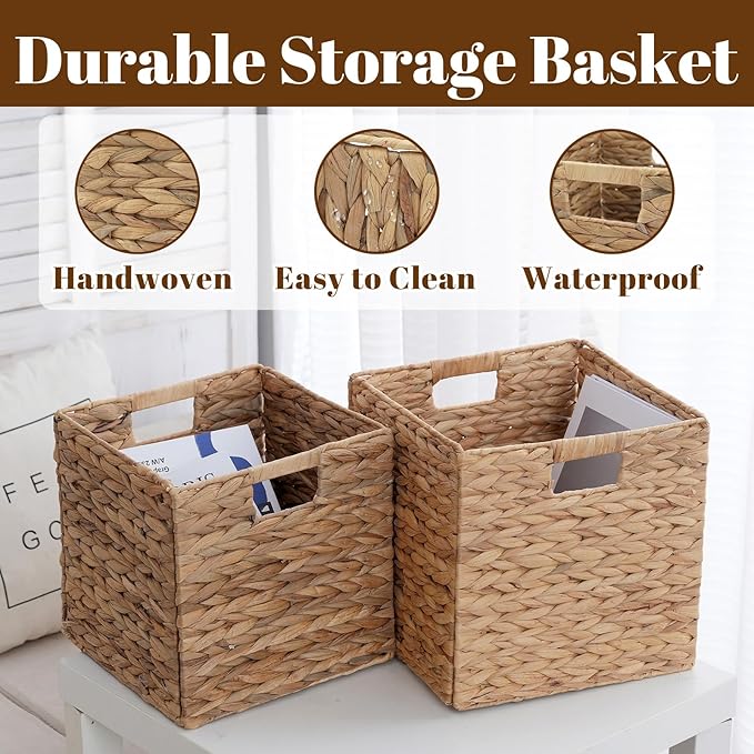 2-Pack Foldable Wicker Cubes 12x12x12 Inch, Cube Storage Bin Woven Storage Basket, Square Wicker Basket for Home & Kitchen Shelf Organizers, Decorative Storage Basket for Bedroom/Bathroom/Office