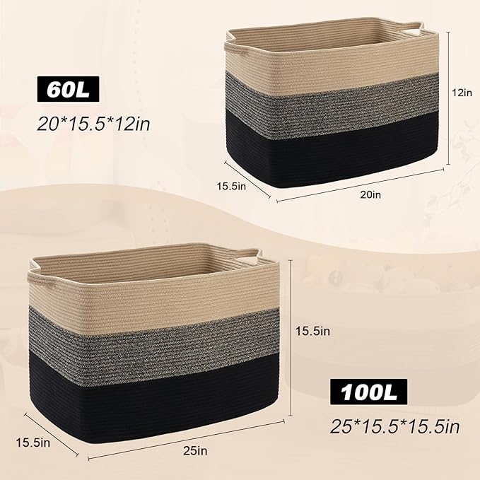 Large Blanket Basket, 60L Storage Baskets for Organizing, Woven Laundry Basket for Blankets, Cotton rope Blanket Storage for Living Room, Nursery Room, 19.7"L x 15.74"W x 11.8"H, Brown & Black