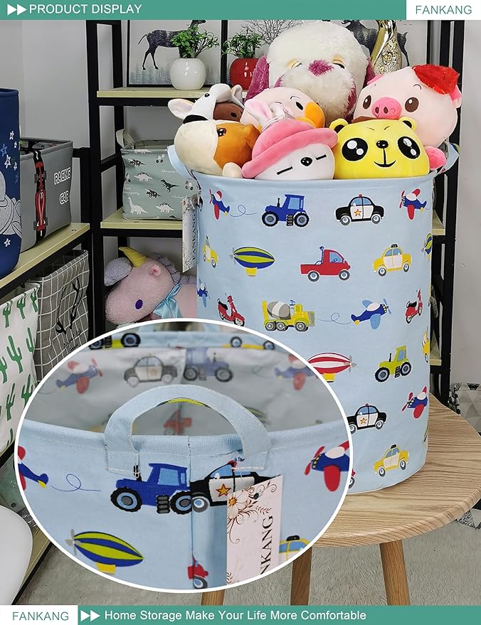 FANKANG Storage Basket, Nursery Hamper Canvas Laundry Basket Foldable with Waterproof PE Coating Large Storage Baskets for Kids Boys and Girls, Office, Bedroom, Clothes,Toysï¼Carï¼
