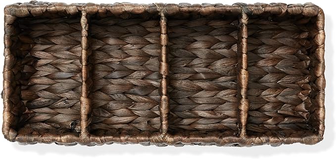 Casafield Set of 2 Water Hyacinth Basket Organizers with 4 Sections, Espresso - Woven Storage Bins for Bathroom, Laundry, Pantry, Office, Shelves