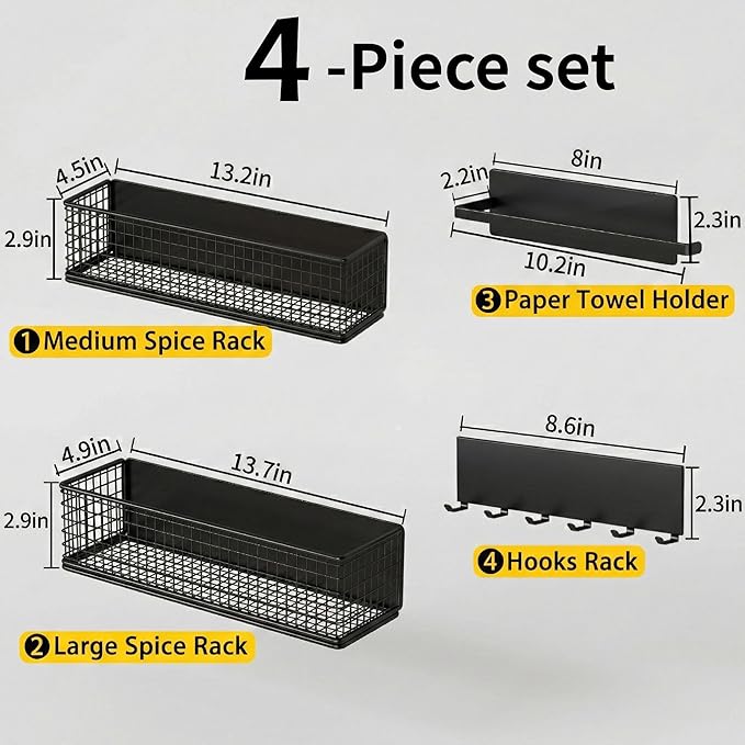 Magnetic Organizer For Refrigerator,With Spice Rack,Hooks Paper Towel Holder Utensils Racks, For Traeger Grills Of Washing Machine Side (Black, 4-Pack)