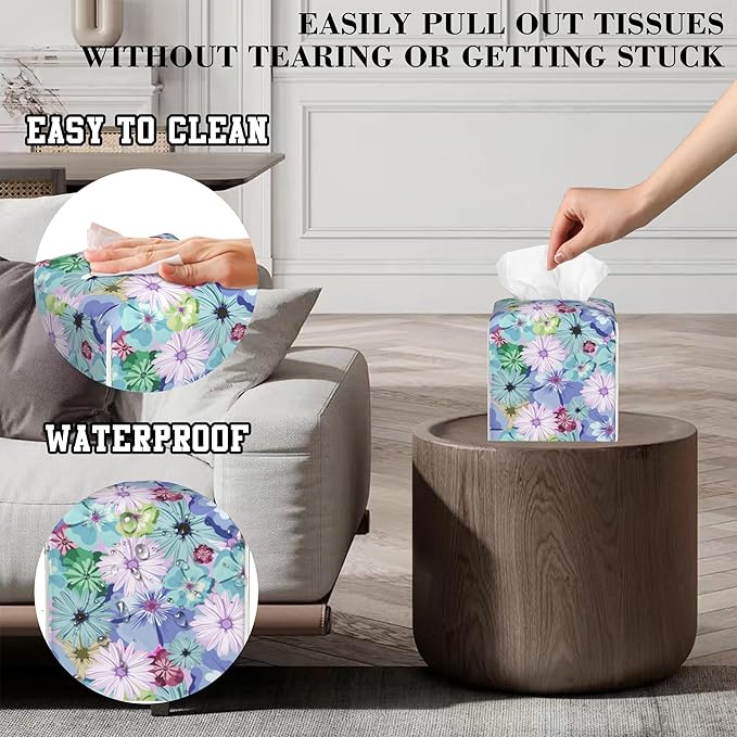 Tissue Box Cover Colorful Daisy Flowers Leather Tissue Box Holder Cube Paper Case Cover Facial Paper Organizer Dispenser for Bathroom, Vanity Countertop, Office Desk