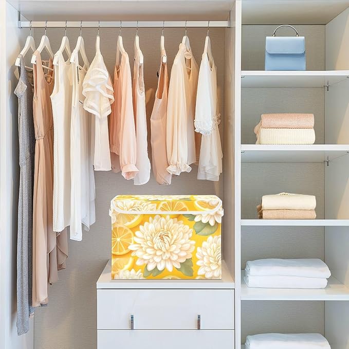 Yellow Chrysanthemum Flowers and Lemon Slices Collapsible Storage Bins with Lids Decorative Fabric Cubes Closet Organizer Basket Boxes Containers for Clothes Box Chest Nursery Foldin