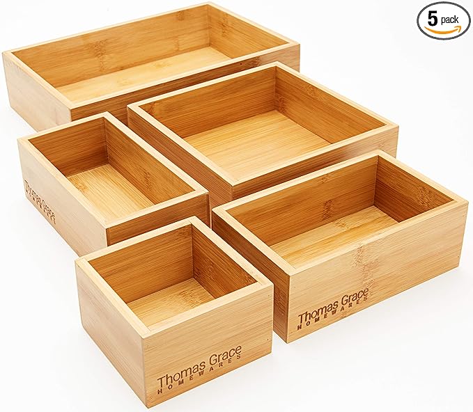 Bamboo Drawer Organizer and Storage Set, Multi-use Set of 5 Storage Trays, Wood Boxes of various sizes for Office Desk or homework, Kitchen, Bathroom Jewelry, Cosmetic Make up, Baby Bedroom, Junk.