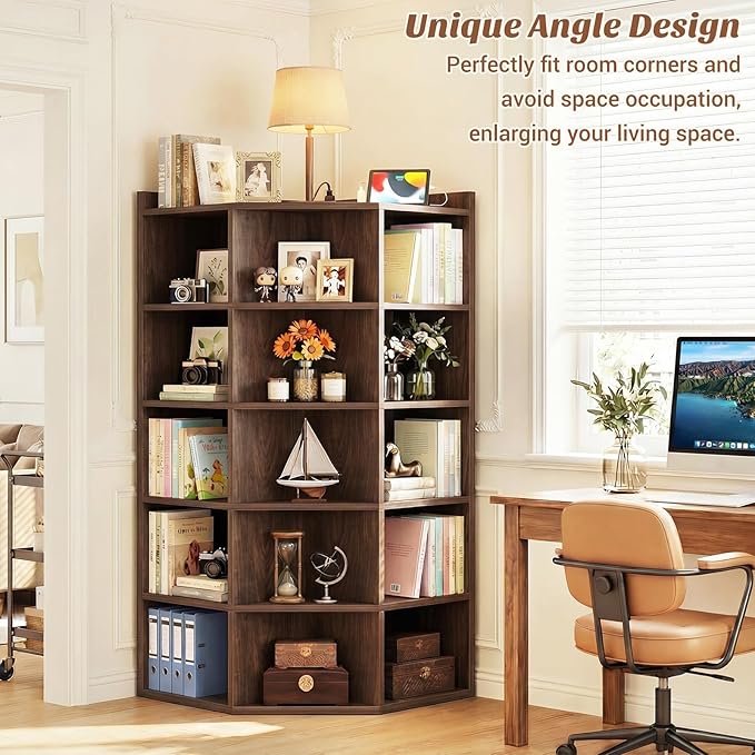 Aheaplus Corner Cabinet, 6-Tier Corner Bookshelf with Power Outlets, Corner Cube Storage Shelf with Top Table, Wooden L Shaped Cubby Toy Storage for Home Office, Bedroom, Living Room, Black Walnut