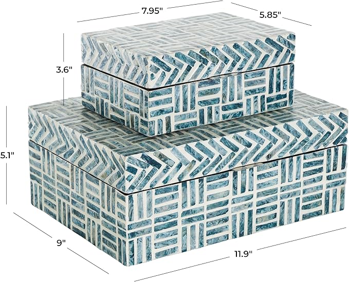 Deco 79 Mother of Pearl Shell Geometric Handmade Decorative Box Mosaic Storage Decorative Keepsake Box with Cream Underlay, Set of 2 Storage Box 12", 8"W, Blue