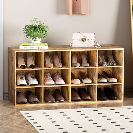 Garden 4 you Shoe Storage Bench, Cubby Shoe Rack with 12 Cubbies, 3-Tier Wood Shoe Rack Organizer, Shoe Organizer Cabinet for Entryway, Hallway, Closet and Garage, Brown