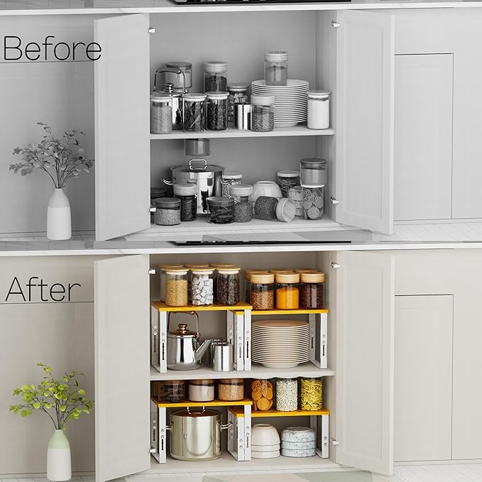 Expandable Kitchen Cabinet Organizer Shelves â Stackable Adjustable Metal and Wood Storage Racks for Countertop, Pantry, Garage Set of 2 Spice Rack â Easy Assembly, Space-Saving(1 Pack/Medium/White)