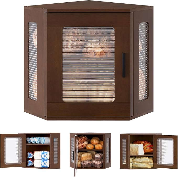 TQVAI Bread Box for Kitchen Countertop Large Corner Bread Loaf Storage Container Double Layer Wooden Bread Boxes Bin Farmhouse Pantry Shelf with Acrylic Window, Retro Brown