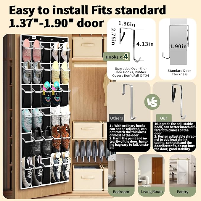 PAULONE Massive 70-Inch Dual-Side Family Organizer - Stores Shoes, Handbags, Toys & Baby Gear, Heavy Duty Over Door Storage System for Every Room (Black)