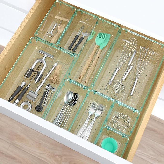 7 PCS Clear Plastic Drawer Organizers Set, 4 Size Desk Drawer Organizer Trays for Makeup, Jewelry, Kitchen Utensils, Gadgets and Office Accessories, Sea Blue