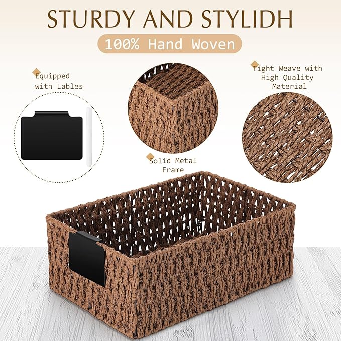 Marsui 6 Pcs Wicker Storage Baskets with Labels Handwoven Paper Rope Multi-size Brown Wicker Storage Bins for Organizing Small Baskets Container for Shelves Closet Pantry Toilet(Brown)