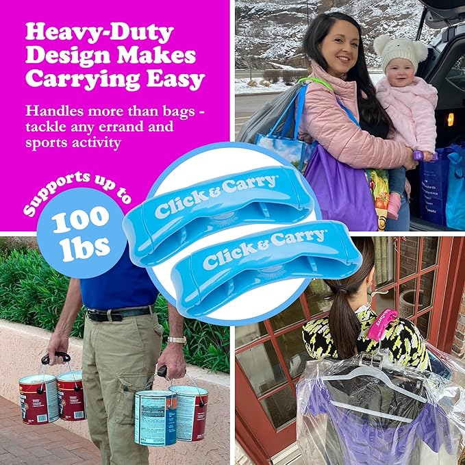 Click & Carry Grocery Bag Carrier Handle - Carry More in Fewer Trips, 100lb Capacity, Hands-Free, Gel-Padded Ergonomic Design, Shopping & Grocery Bag Holder - As Seen On Shark Tank, Blue, 2 Pack