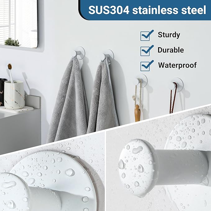 SAYAYO White Hooks for Hanging, Self Adhesive Hooks Coat Hook Wall Mount, White Towel Hook for Bathrooms, Stick on Hook SUS304 Stainless Steel, 4pcs
