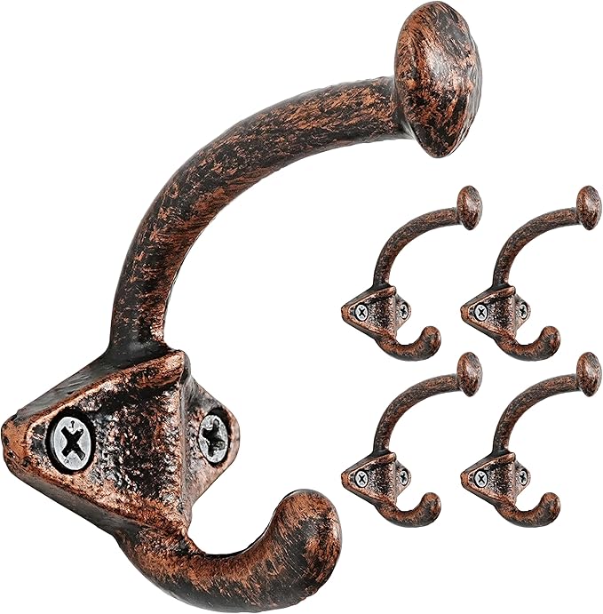 Dseap Cast Iron Wall Hooks, Heavy Duty Coat Hooks, Rustic Vintage Farmhouse Hook for Hanging Winter Coats Jackets Towels Hats Bags Plants, Antique Copper, Pack of 5 (ShldCast)