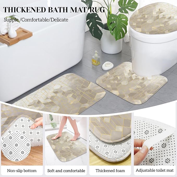 Lnond Beige Bathroom Set, Beige Abstract Cubes Bathroom Accessories Sets Complete, Luxury Restroom Set with Shower Curtain and Rugs, Trash Can, Toilet Brush Holder Set & Soap Dispenser