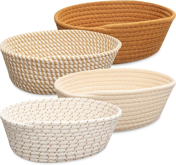 4 Pcs Small Storage Cotton Rope Woven Baskets for Gifts Empty Boho Shelf Closet Storage Baskets Gift Cute Baby Basket for Nursery Basket Easter Decorative Storage Bins for Living Room Bedroom(Brown)