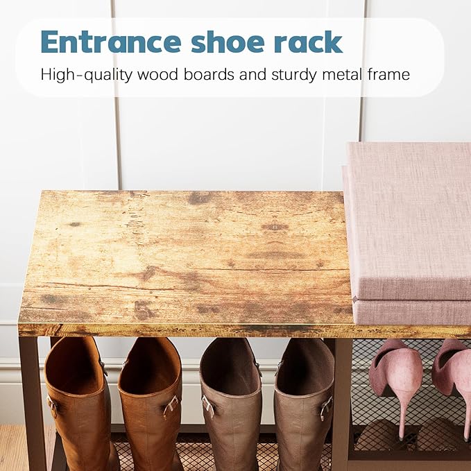 Shoe Rack Bench for Entryway 3-Tier, Free Standing Shoe Racks with Seat Cushion, Narrow Shoe Storage Shelf with Boot Organizer, Shoe Rack for Small Spacesh with Wood Bench (Brown + Coffee)