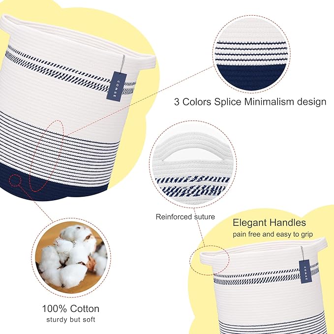 COMSE Extra Large Blanket Basket, Tall Laundry Basket, Nursery Hamper, 15.7âx 21.7â, Cotton Rope Woven Laundry Hamper for Storage Toys Clothes Towels, Navy Blue & White