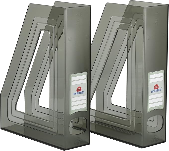 Acrimet Magazine File Holder – Vertical Rack for Documents, Folders and Mail, Durable Plastic Desk Organizer for Office & Home, Smoke (2 Pack)