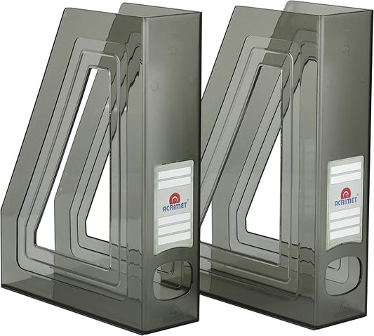 Acrimet Magazine File Holder – Vertical Rack for Documents, Folders and Mail, Durable Plastic Desk Organizer for Office & Home, Smoke (2 Pack)