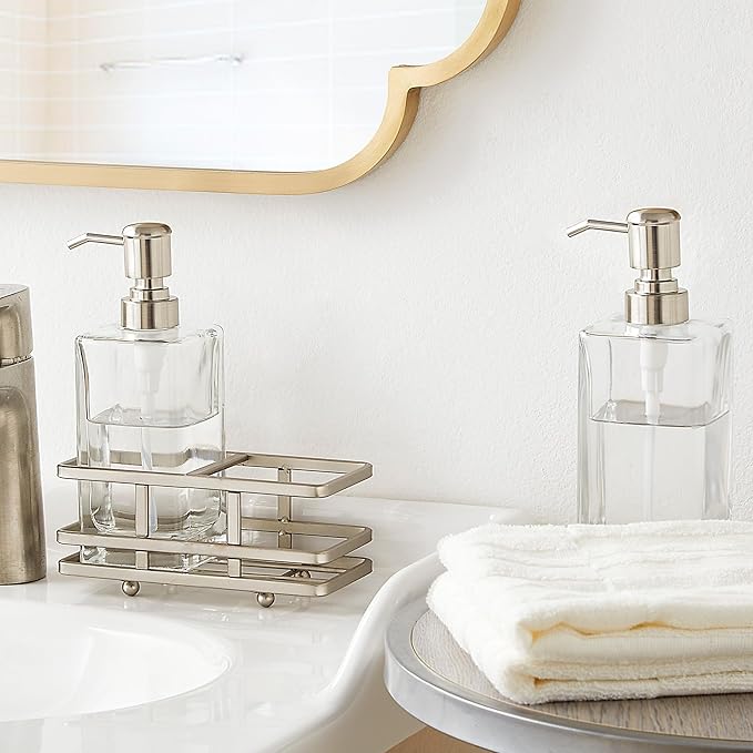 Square Glass Clear Lotion and Soap Pump Dispenser Set with Metal Stand Caddy for Bathroom Bath Kitchen Home Office Travel Hotel Hand Crafted Heavy Weight Nickel