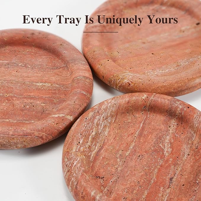 Red Travertine Makeup Organizer Tray - 8inch Round Decorative Storage Tray for Jewelry, Perfume, and Cosmetics | Natural Stone Vanity Tray for Bathroom, Bedroom, Coffee Table