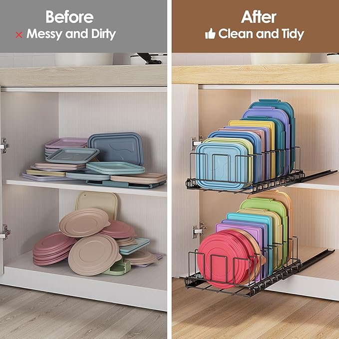 Housolution Pull Out Food Container Lid Organizer with Sliding Rail, Slide Out Plastic Lid Holder Compatible with Tupperware, Metal Storage Rack with 10 Adjustable Dividers for Cabinet, 1 Pack