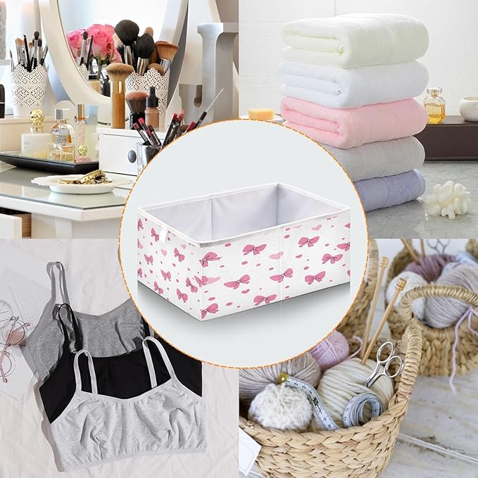 Bolaz Pink Bows Hearts Pattern Closet Organizers Storage Cubes Storage Bins Shelf Baskets Containers for Home Room Office,Rectangle