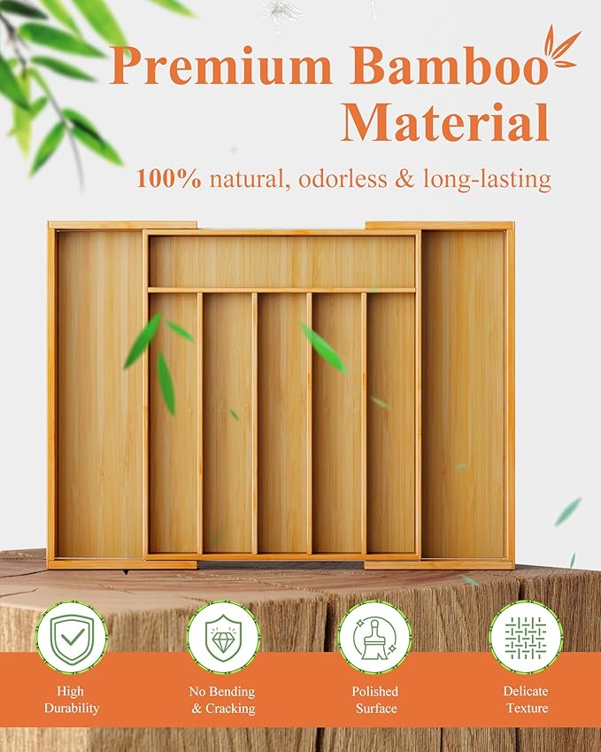 Kitsure Extra Large Bamboo Silverware Organizer - Expandable Drawer Organizer for Utensil, Cutlery and Flatware, Kitchen Storage Solution with 6 to 8 Slots, Natural, 19.7" × 15.4" × 2.0"