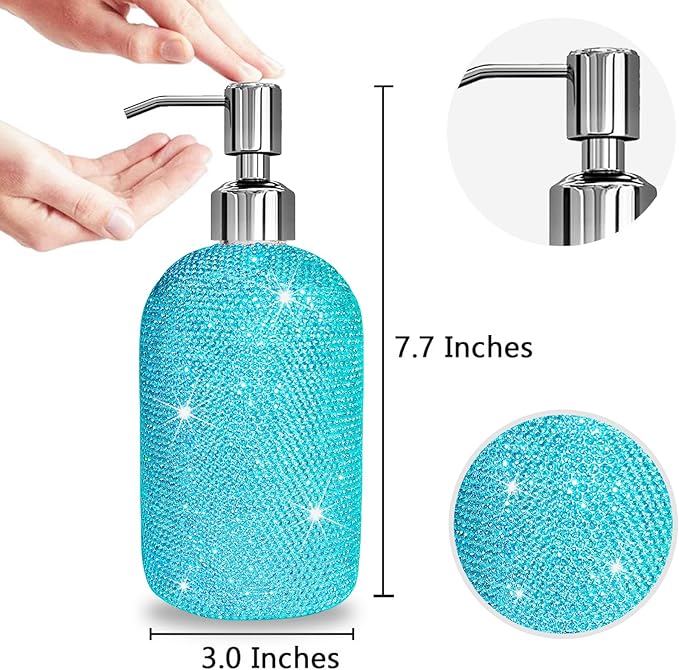 SlowVibes 18Oz Bling Blue Soap Dispenser with Rust Proof Stainless Steel Pump,Refillable Liquid Hand Wash Bottle for Bathroom Kitchen,Sparkle Decorative Shower Dispenser,Rhinestone Lotion Dispenser