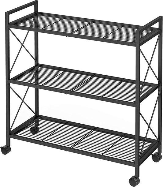 SONGMICS 3-Tier Metal Storage Rack with Wheels, Mesh Shelving Unit with X Side Frames, 31.5-Inch Width, for Entryway, Kitchen, Living Room, Bathroom, Industrial Style, Black UBSC183B01