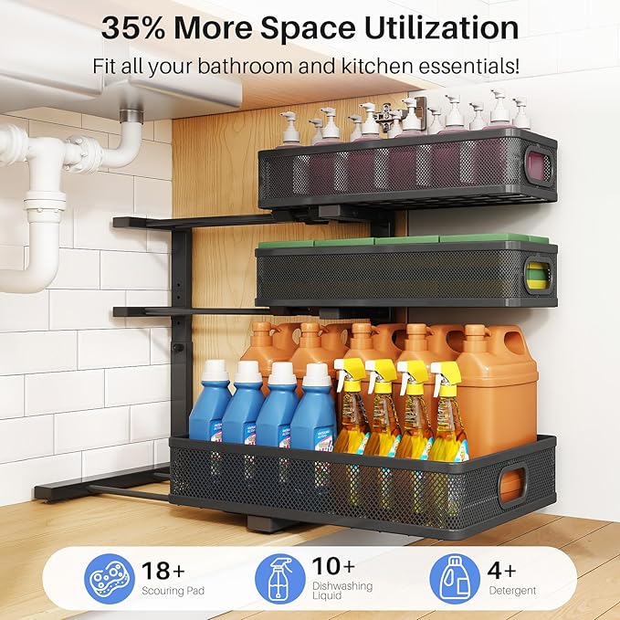 HERJOY Under Sink Organizer, 2-Pack 3-Tier Height Adjustable Thickened Metal Pull out Cabinet Organizer Shelf, Slide out Storage Drawer Rack for Bathroom Kitchen Pantry Home Laundry Organization