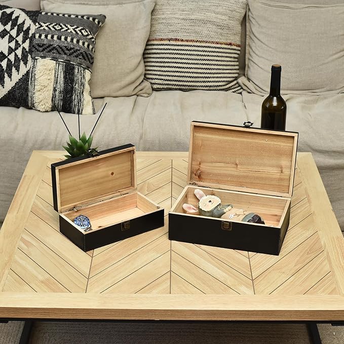 Decorative Storage Boxes with Hinged Lid, 2 Pcs Memory Box for Keepsakes, Wooden Treasure Chest Box, Large Vintage Craft Box Trunk Basket for Men, Kids, Jewelry, (Linen Lid, Black)