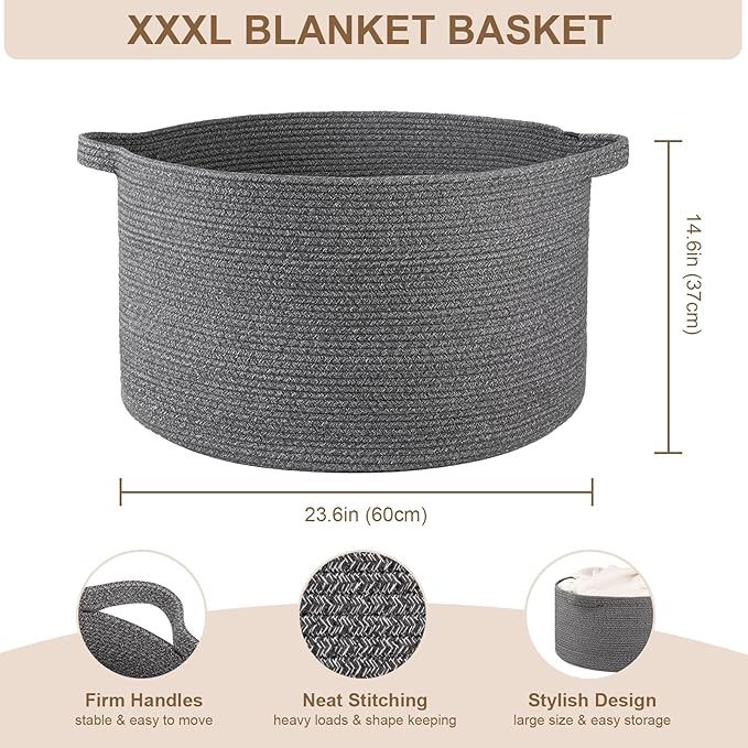 Large Woven Baskets for Storage, 23.6" x 23.6" x 14.6" Blanket Storage Living Room, Baby Toy Basket for Clothes, Pillows, Towels, Shoe Basket for Entryway (Dark Grey)