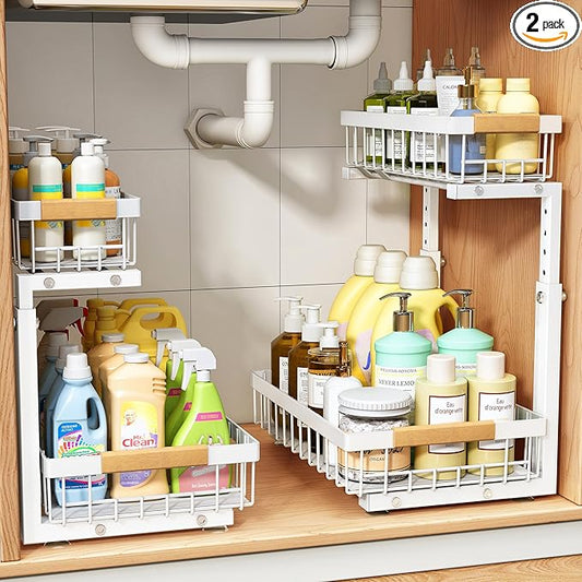 PXRACK Under Sink Organizer, Adjustable Height, 2 Tier Pull Out Under Cabinet Organizer, Slide Out Thickened Metal Under Sink Storage for Kitchen Bathroom Laundry Pantry Cabinet, White, Small-2-Pack